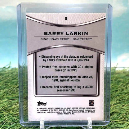 2025 Topps Tribute Barry Larkin baseball card featuring Cincinnati Reds refractor artwork