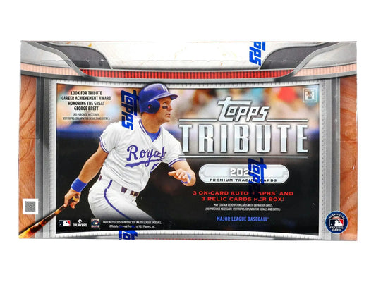 2025 Topps Tribute Baseball Hobby Box featuring red, black, and gold parallel cards