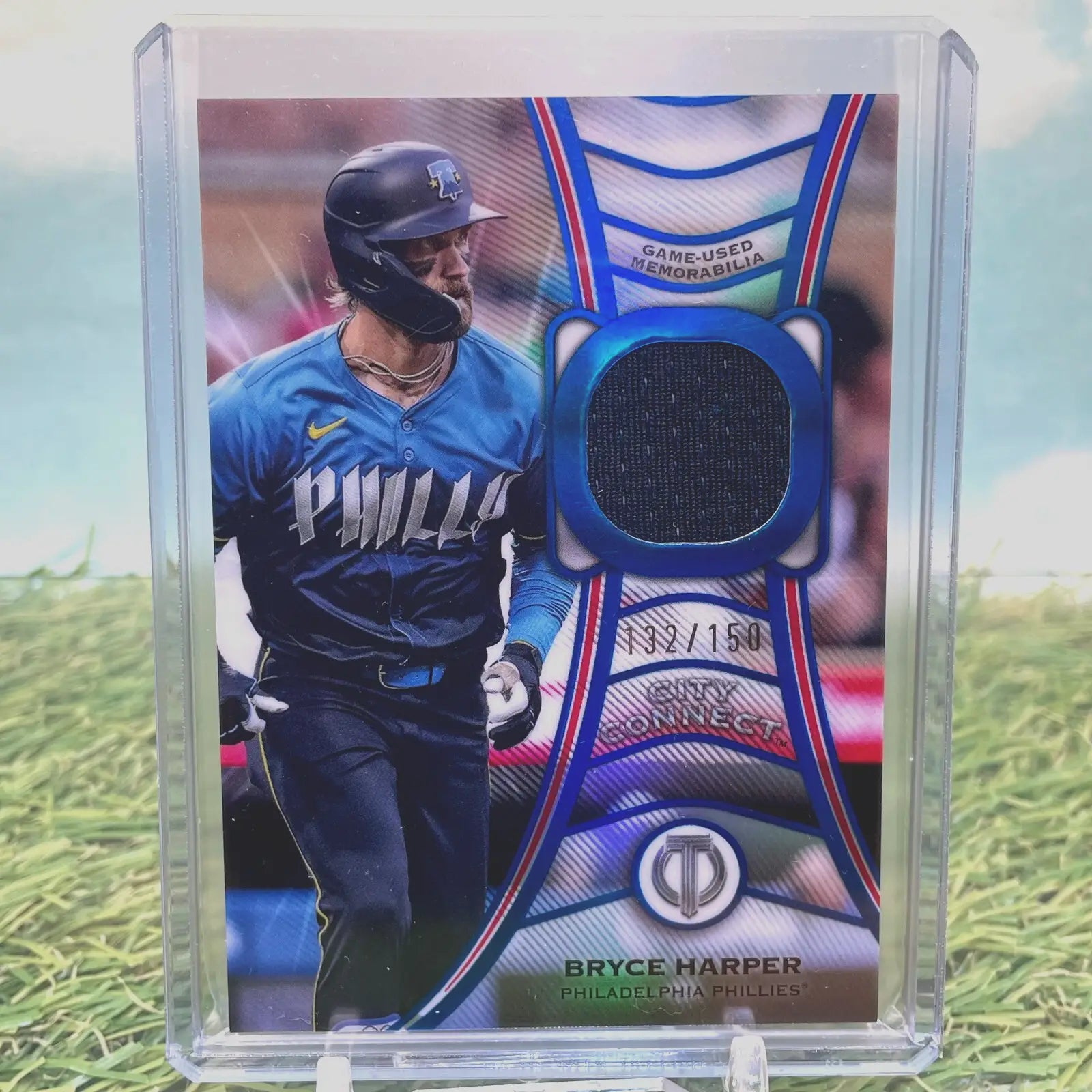 Bryce Harper baseball card from 2025 Topps Tribute City Connect Blue Phillies Patch