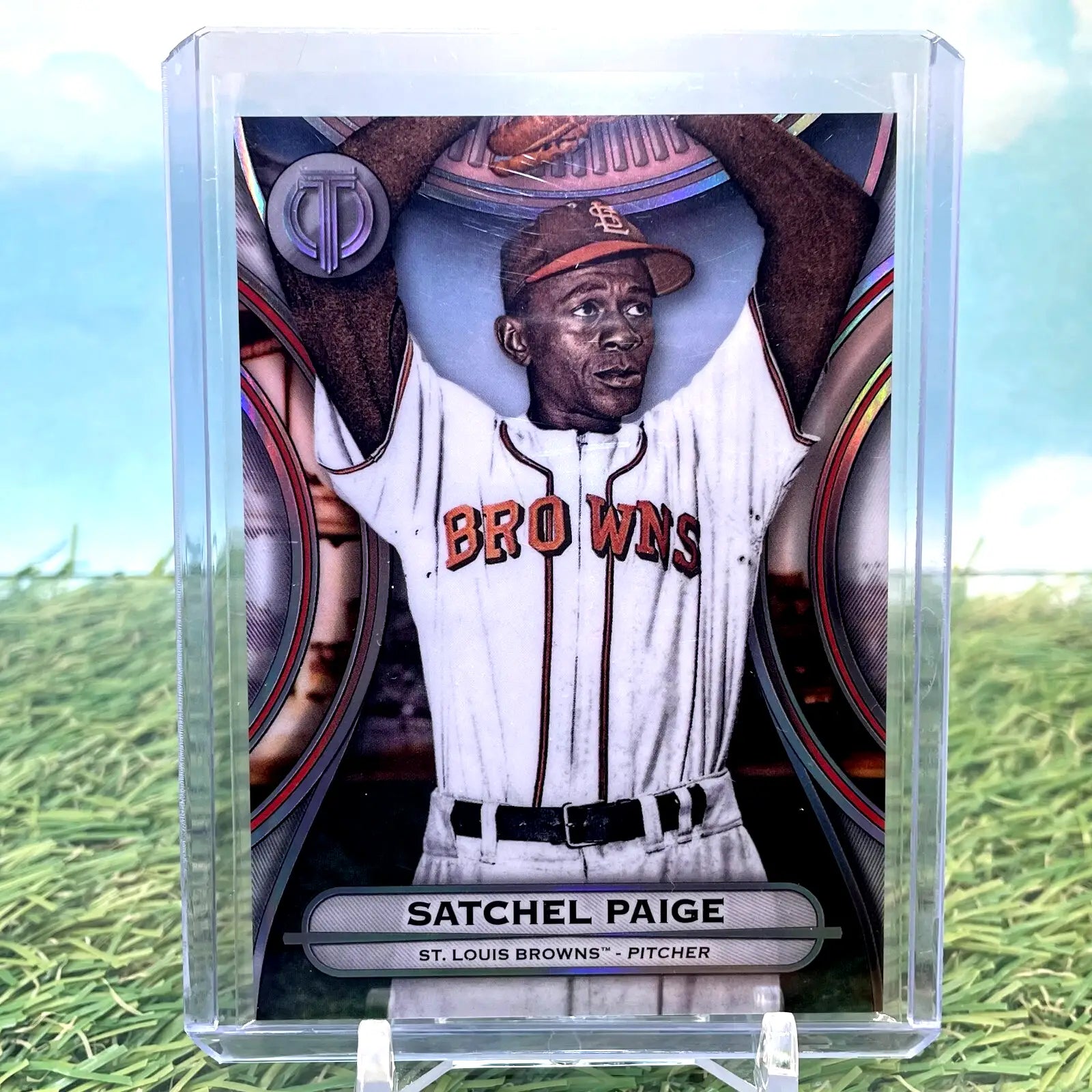 Satchel Paige baseball card from 2025 Topps Tribute Satchel tribute series featuring St. Louis Browns