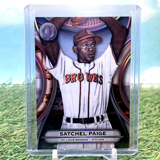 Satchel Paige baseball card from 2025 Topps Tribute Satchel tribute series featuring St. Louis Browns