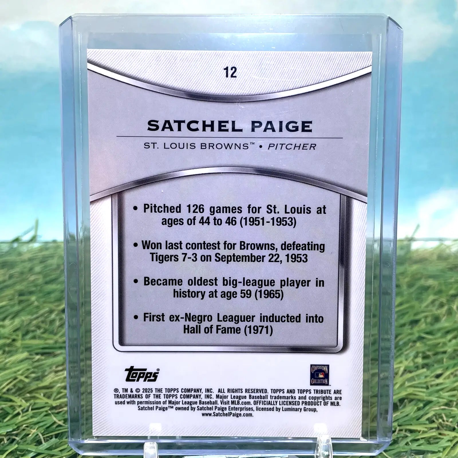 Satchel Paige baseball card from 2025 Topps Tribute Satchel tribute satchel Paige series