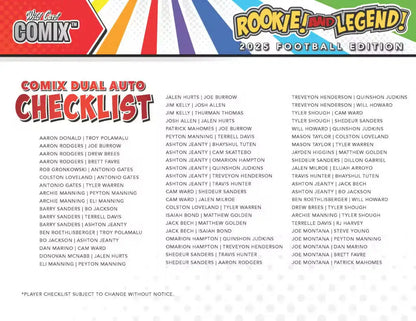 Checklist of dual auto cards for 2025 Wild Card Comix Rookie & Legend Football Hobby