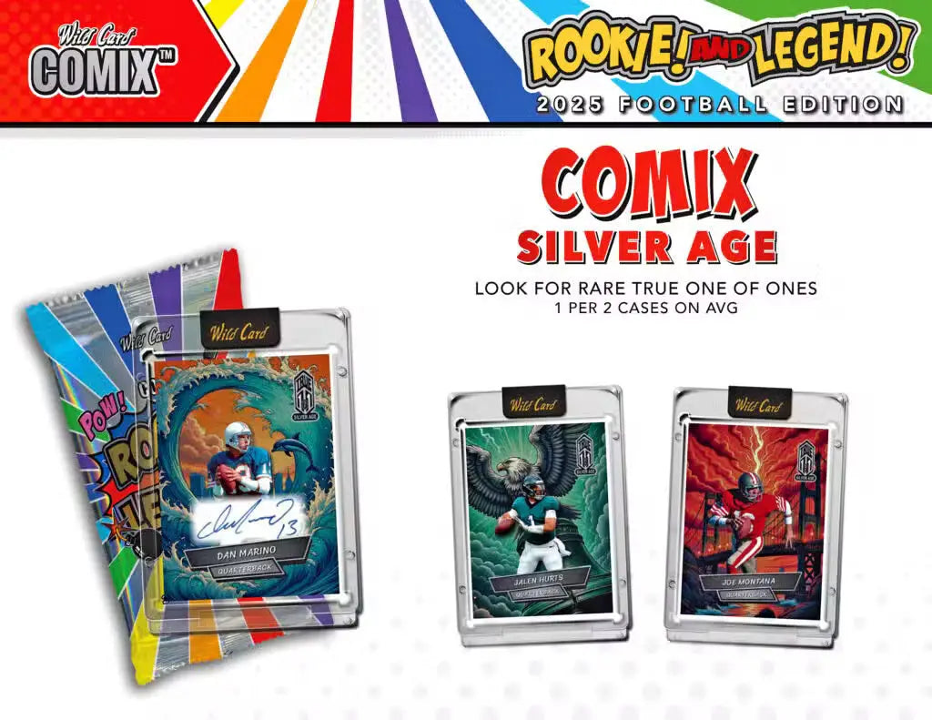 Collectible football trading cards and packs from 2025 Wild Card Comix Rookie & Legend Football Hobby