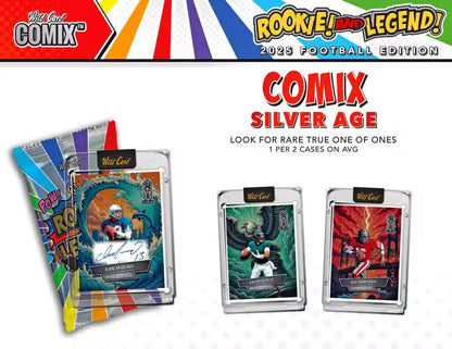 Collectible football trading cards and packs from 2025 Wild Card Comix Rookie & Legend Football Hobby