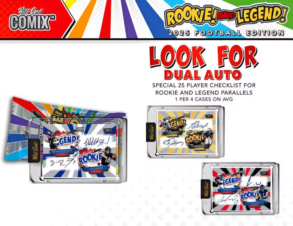 Collectible football trading cards with Rookie and Legend dual autographs from Wild Card Comix