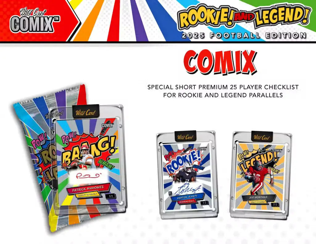 Collectible football trading cards and packaging from 2025 Wild Card Comix Rookie Legend Football Hobby