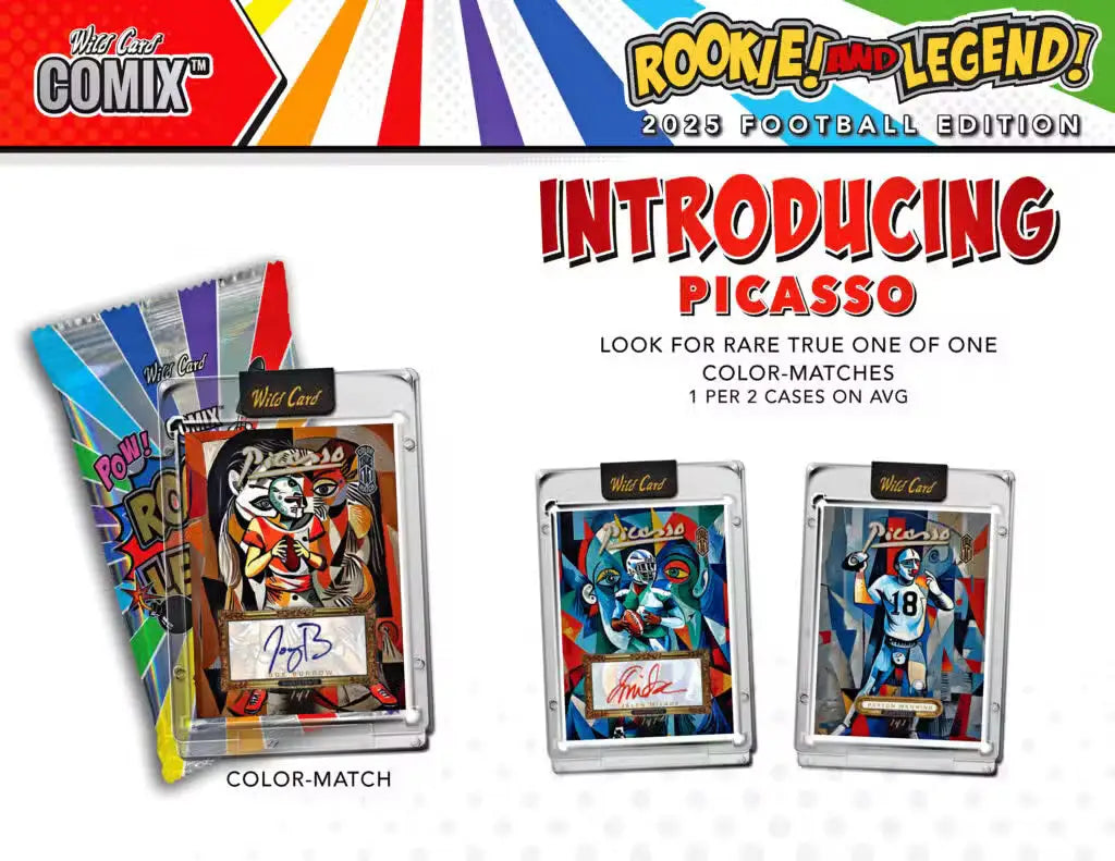 Sports trading cards with Picasso design and autographs from wild card comix and legend football hobby