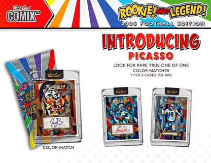 Sports trading cards with Picasso design and autographs from wild card comix and legend football hobby