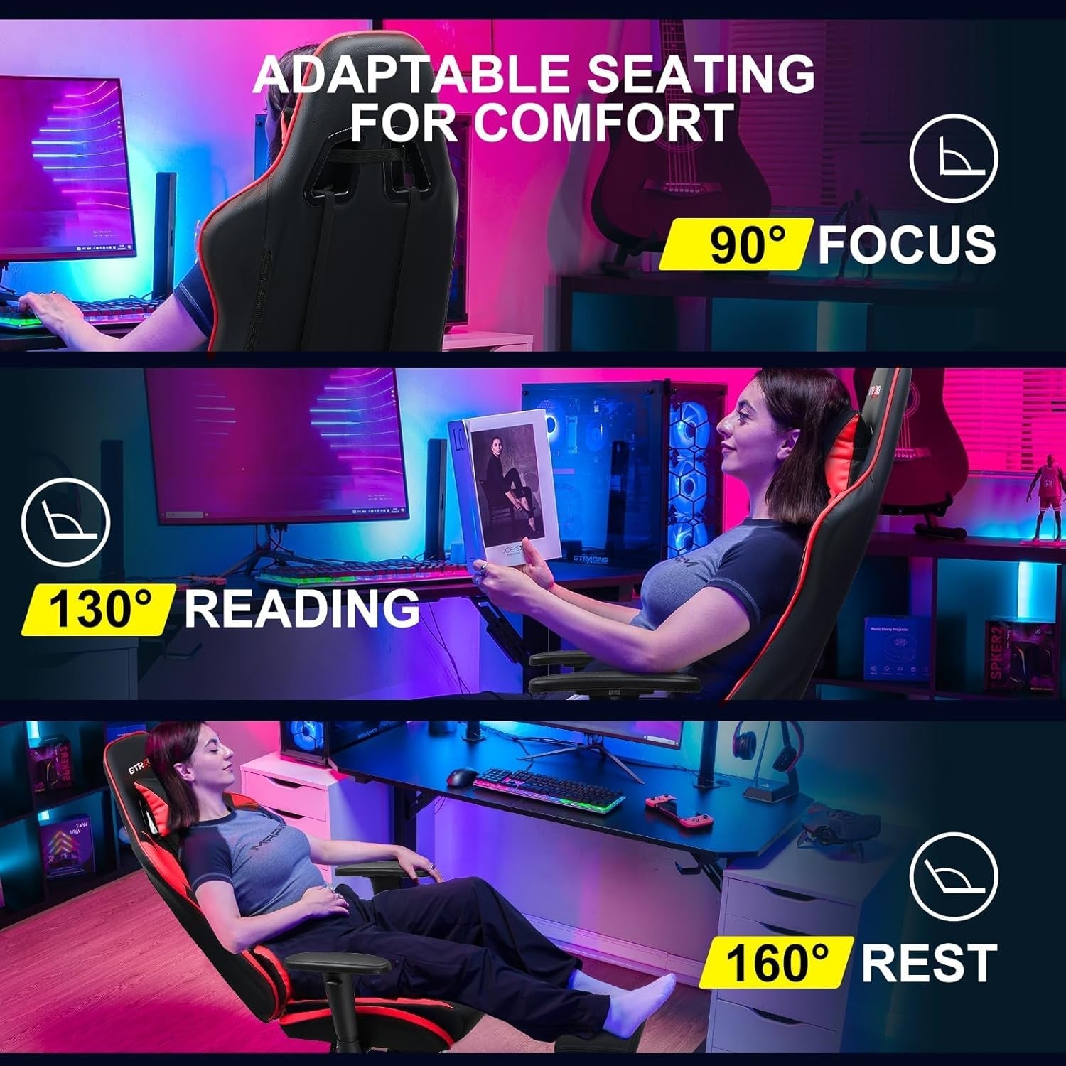 Gaming Chair with Footrest, Ergonomic Computer Game Desk Chair, Reclining Gaming Chair Seat Height Adjustment, Swivel Rocker with Headrest and Lumbar (Brickred)-3