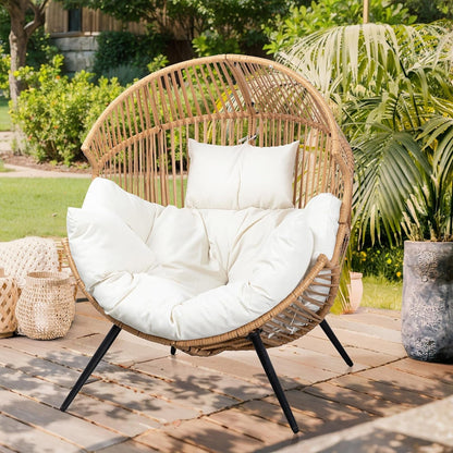 Wicker Egg Chair PE Rattan Chair with Cushion, Oversized Patio Lounge Chair for Outdoor, Indoor, Balcony, Backyard, Garden, Living Room, Beige-2