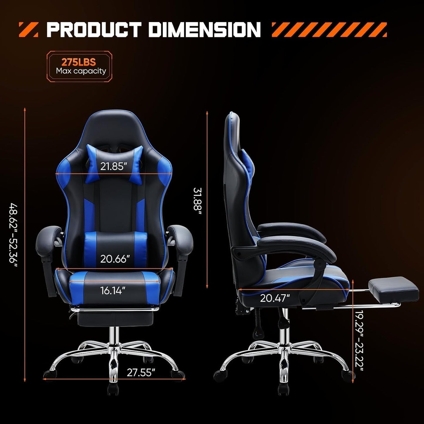 Video Game Desk Chair - Ergonomic Computer with Footrest and Comfy Lumbar Support, PU Leather Recliner with Headrest, Fixed up Armrest, Height Adjustable with 360° Swivel, for Adults, Blue-2