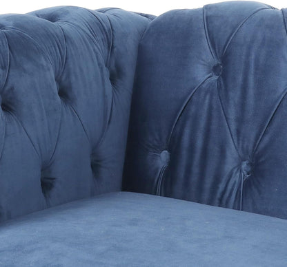 3 Pieces of Living Room Furniture Sofa Sets, Modern Velvet Chesterfield Sofa&Chesterfield Club Chair&Chesterfield Loveseat Sofas Set with Nailhead Trim Scroll Arms for Living Room(Blue)-4