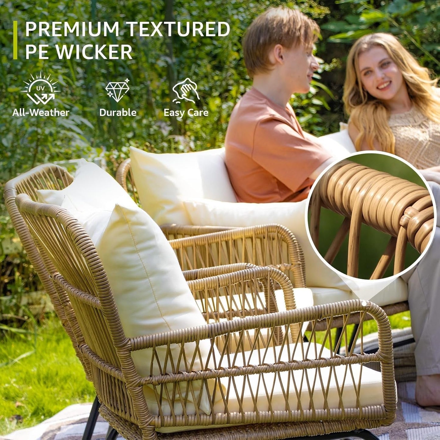 Set of 3 Boho Outdoor Patio Furniture Sets with round Tempered Glass Table, Small Size Wicker Conversation Sectional Chair Sets for Backyard, Porch, Deck, Garden, Balcony-1