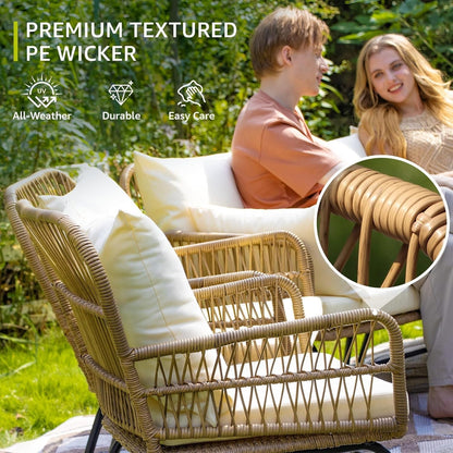 Set of 3 Boho Outdoor Patio Furniture Sets with round Tempered Glass Table, Small Size Wicker Conversation Sectional Chair Sets for Backyard, Porch, Deck, Garden, Balcony-1