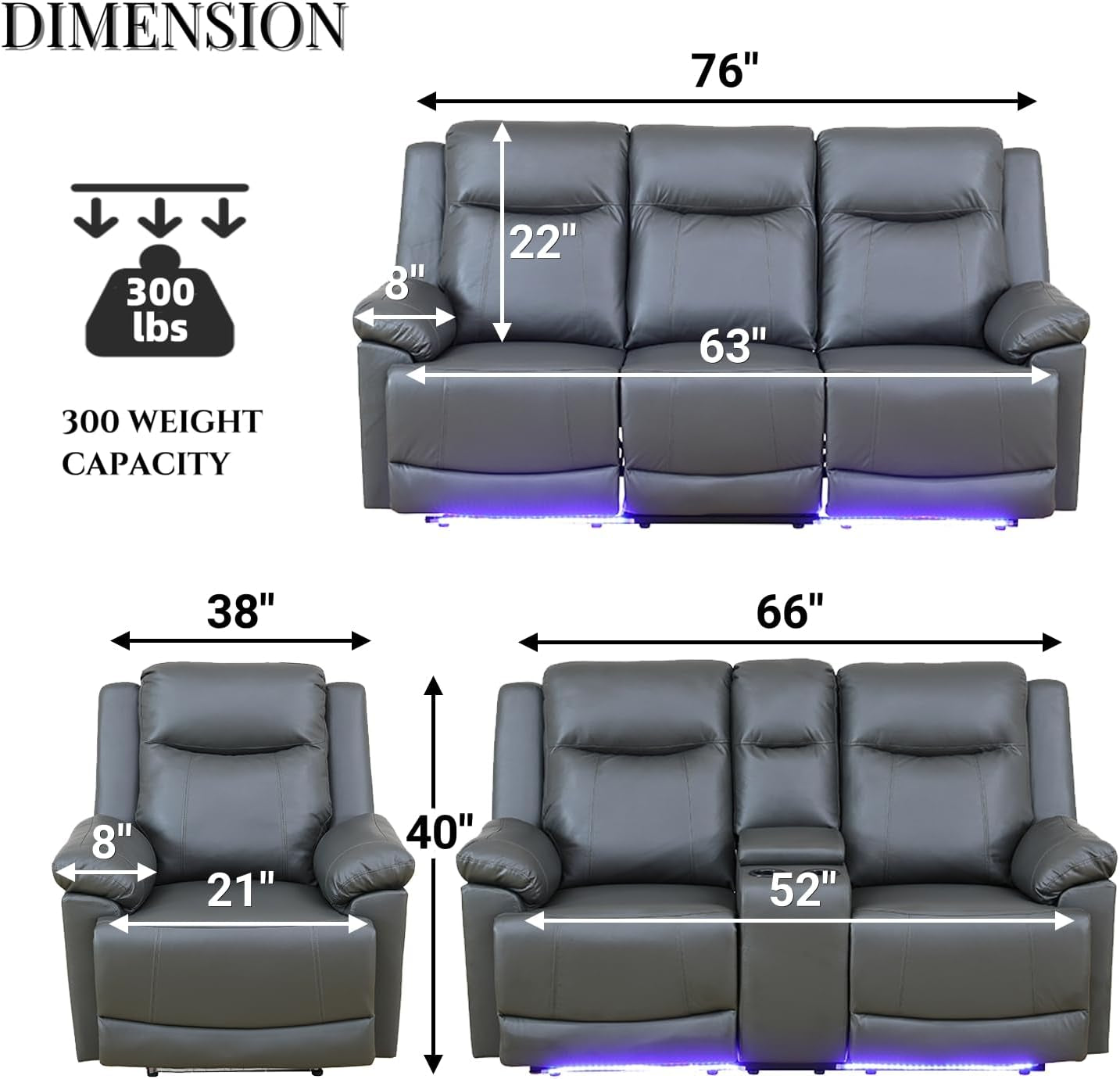 Power Recliner Sofa Set with LED Lights,Leather Living Room Furniture Set with USB Port/Storage Console/Cup Holders,Reclining Sofa Set for House/Home Theater(Sofa&Loveseat 2 Pieces)-1