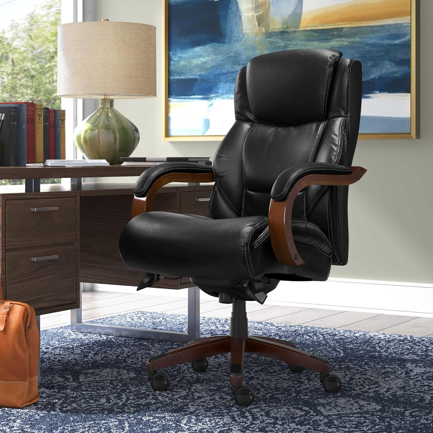Delano Big & Tall Executive Office Chair, High Back Ergonomic Lumbar Support, Bonded Leather, Black with Mahogany Wood Finish-1