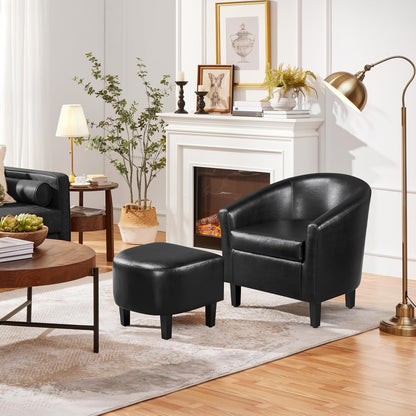 Modern Black Faux Leather Accent Chair With Ottoman Set-3