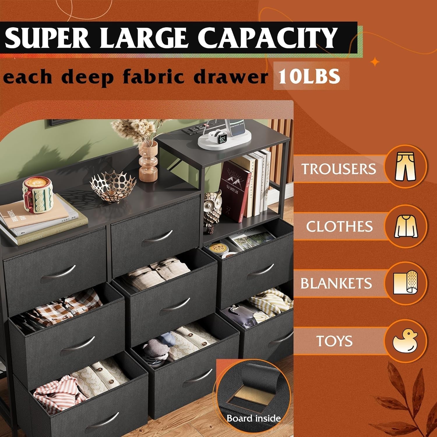 Black Dresser TV Stand for Bedroom with Charging Station and Open Shelves, Fabric Dresser with 8 Drawers and Wood Top, Wide Storage Chest of Drawers for Living Room, Hallway-4