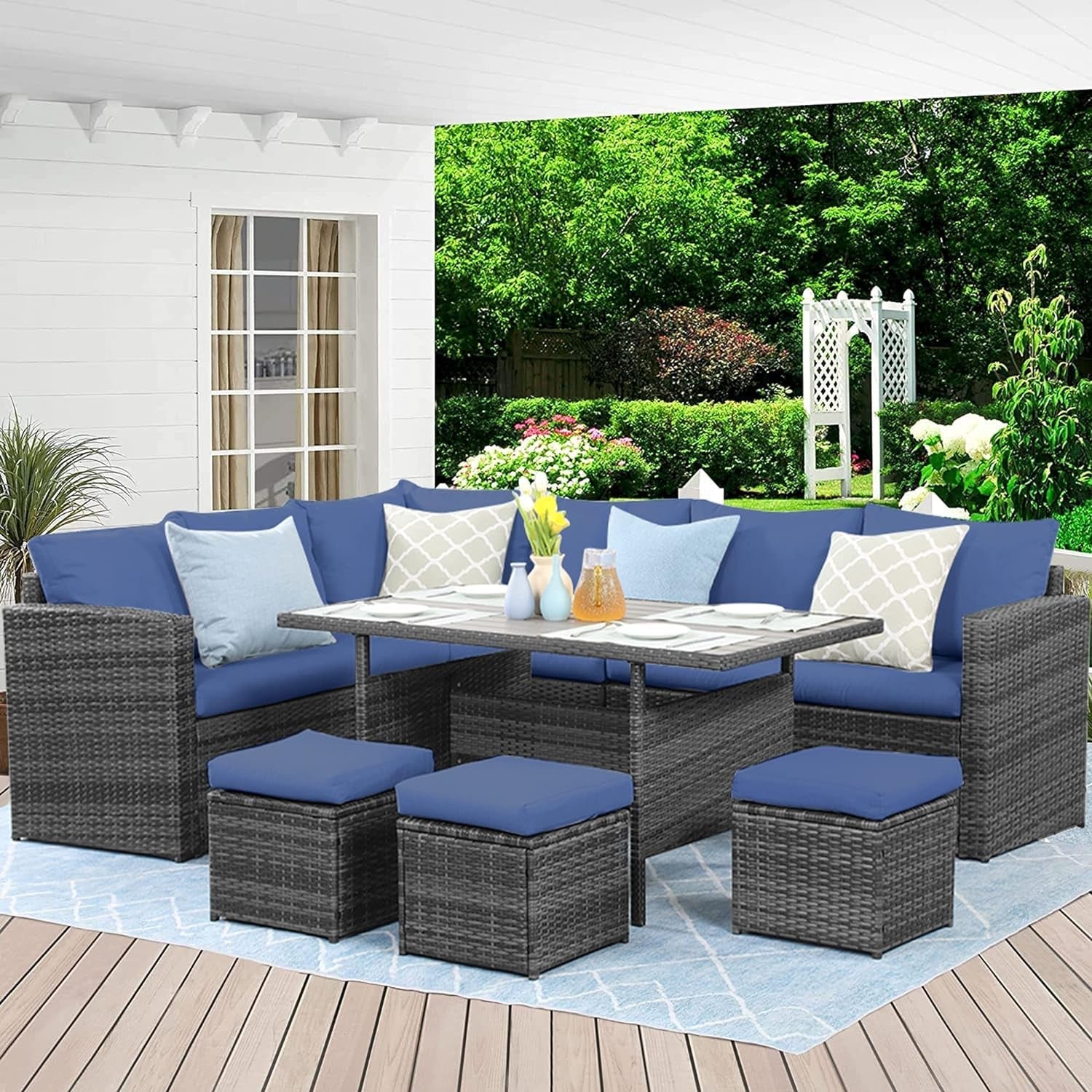 Outdoor Patio Furniture Set, 7 Piece Outdoor Dining Sectional Sofa with Dining Table and Chair, All Weather Wicker Conversation Set with Ottoman,Blue-0