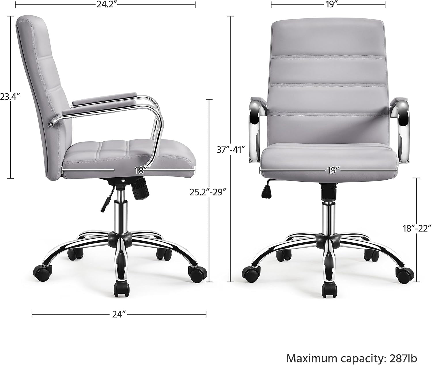 Mid-Back Office Chair with Arms Swivel PU Leather Height Adjustable Office Executive Chair, Light Gray-2