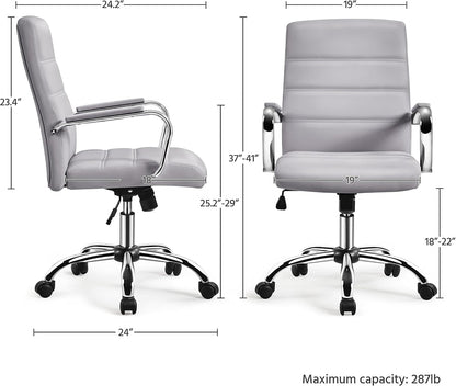 Mid-Back Office Chair with Arms Swivel PU Leather Height Adjustable Office Executive Chair, Light Gray-2