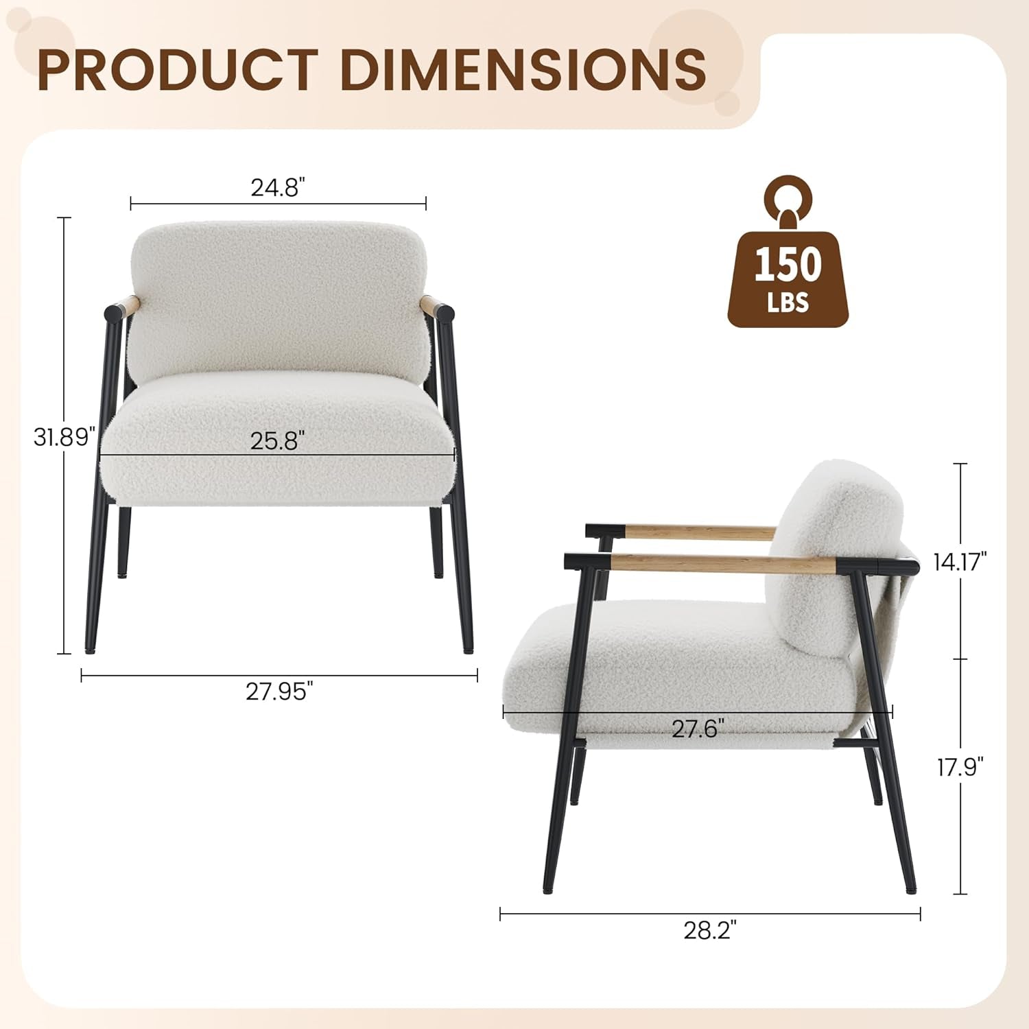 White Modern Accent Chair With Metal Frame And Wood Armrests-1