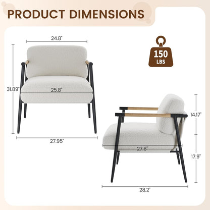 White Modern Accent Chair With Metal Frame And Wood Armrests-1