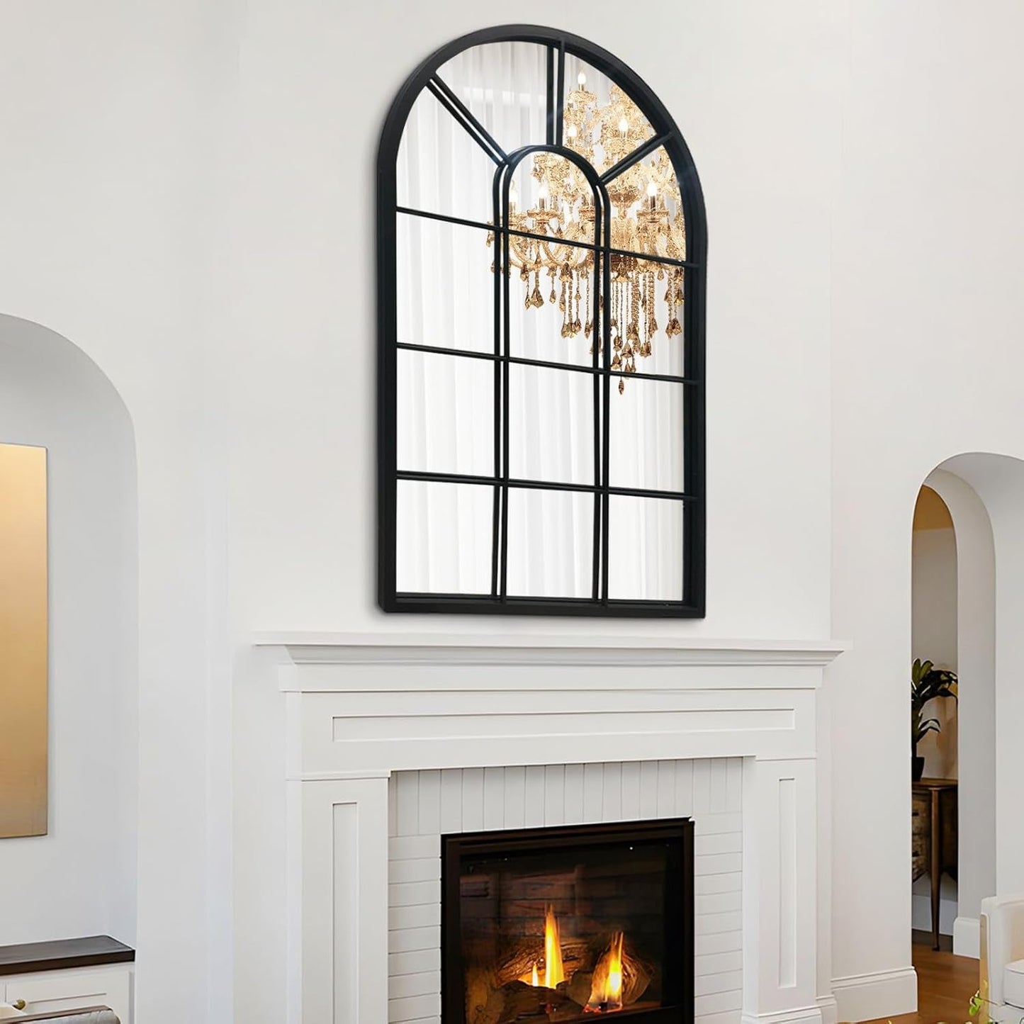 Wall Mirror Window Decorative Mirrors Arched Farmhouse for Living Room Bedroom Entryway Bathroom Vanity (Black,41.3”X 24” X1”)-2