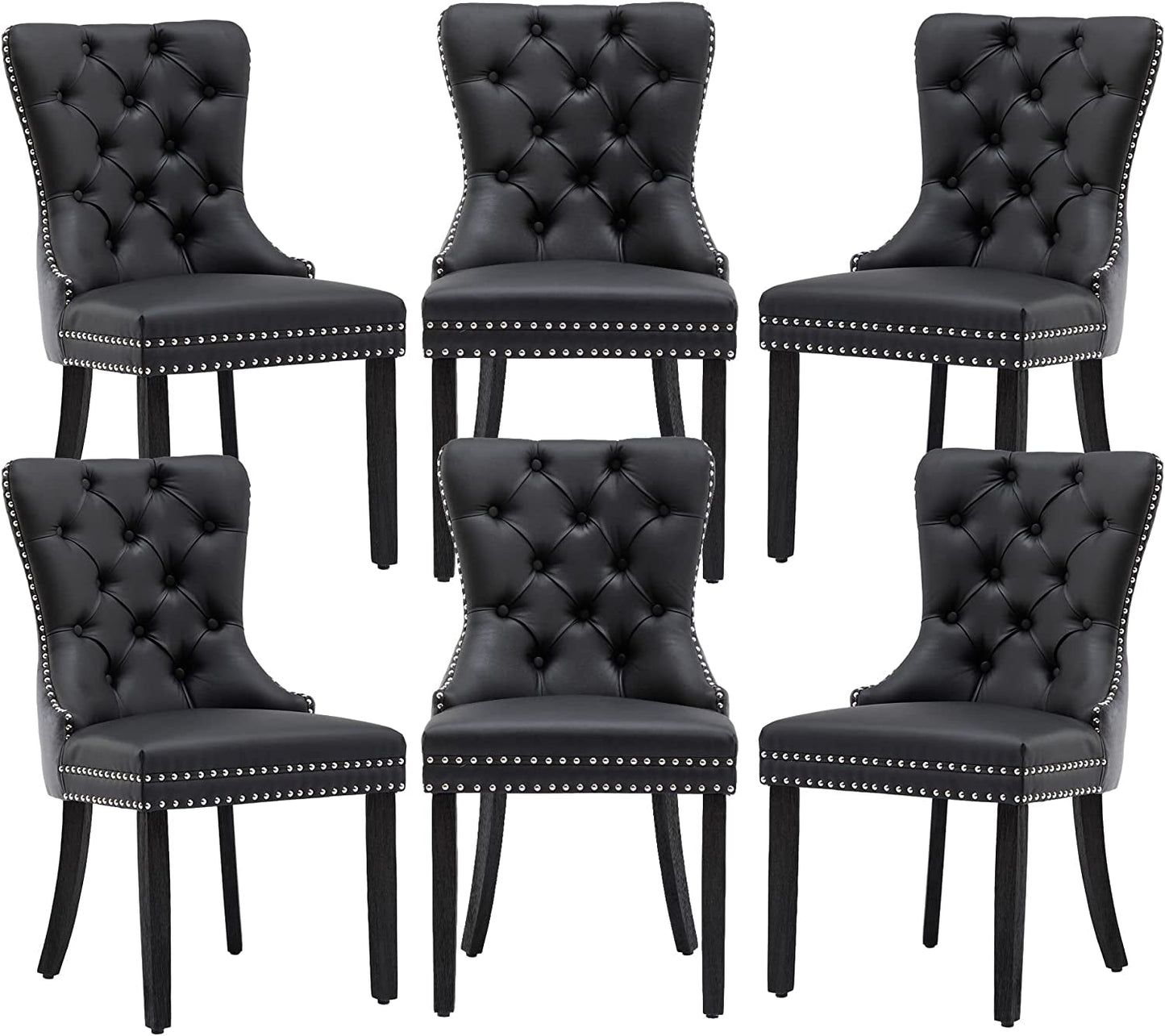 Black and Dark Grey Velvet Dining Chairs Set of 6 with Nailhead Trim and Pull Ring-1