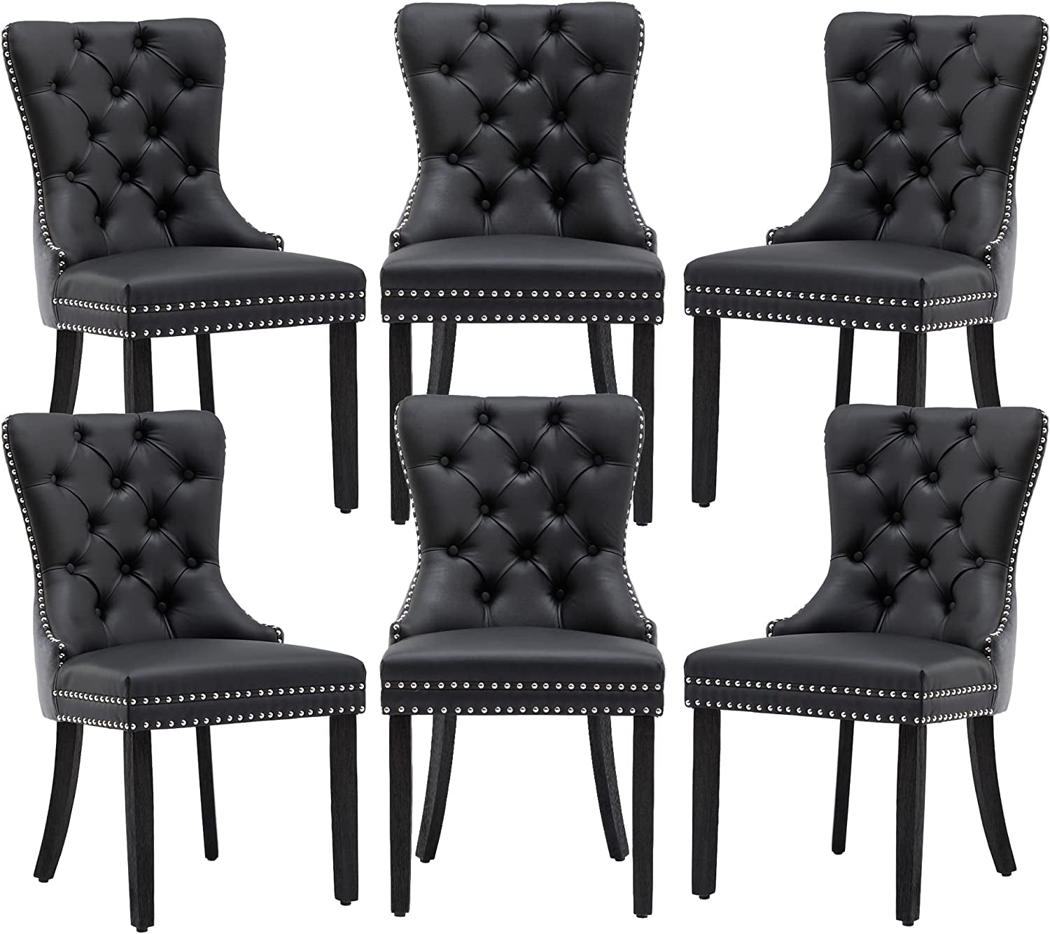 Black and Dark Grey Velvet Dining Chairs Set of 6 with Nailhead Trim and Pull Ring-1
