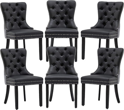 Black and Dark Grey Velvet Dining Chairs Set of 6 with Nailhead Trim and Pull Ring-1