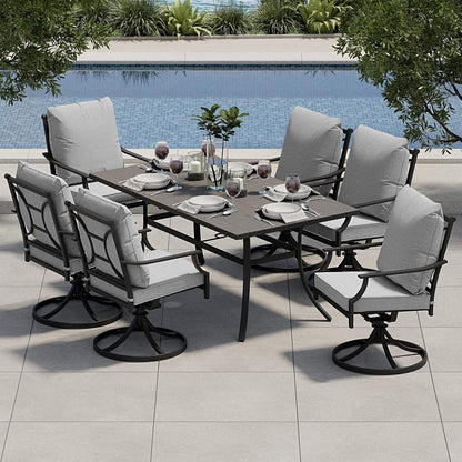 7-Piece Patio Dining Set for 6, E-Coated Outdoor Dining Set Swivel Patio Dining Chairs with Olefin Cushions & 1 Black Rectangular Faux Woodgrain Dining Table with 1.5”Market Umbrella Hole-0