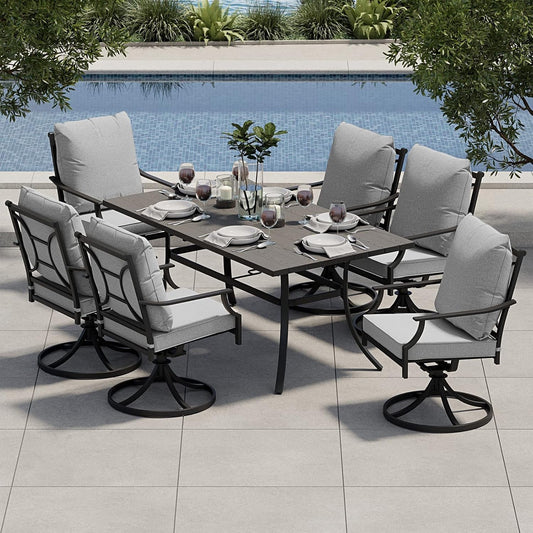 7-Piece Patio Dining Set for 6, E-Coated Outdoor Dining Set Swivel Patio Dining Chairs with Olefin Cushions & 1 Black Rectangular Faux Woodgrain Dining Table with 1.5”Market Umbrella Hole-0