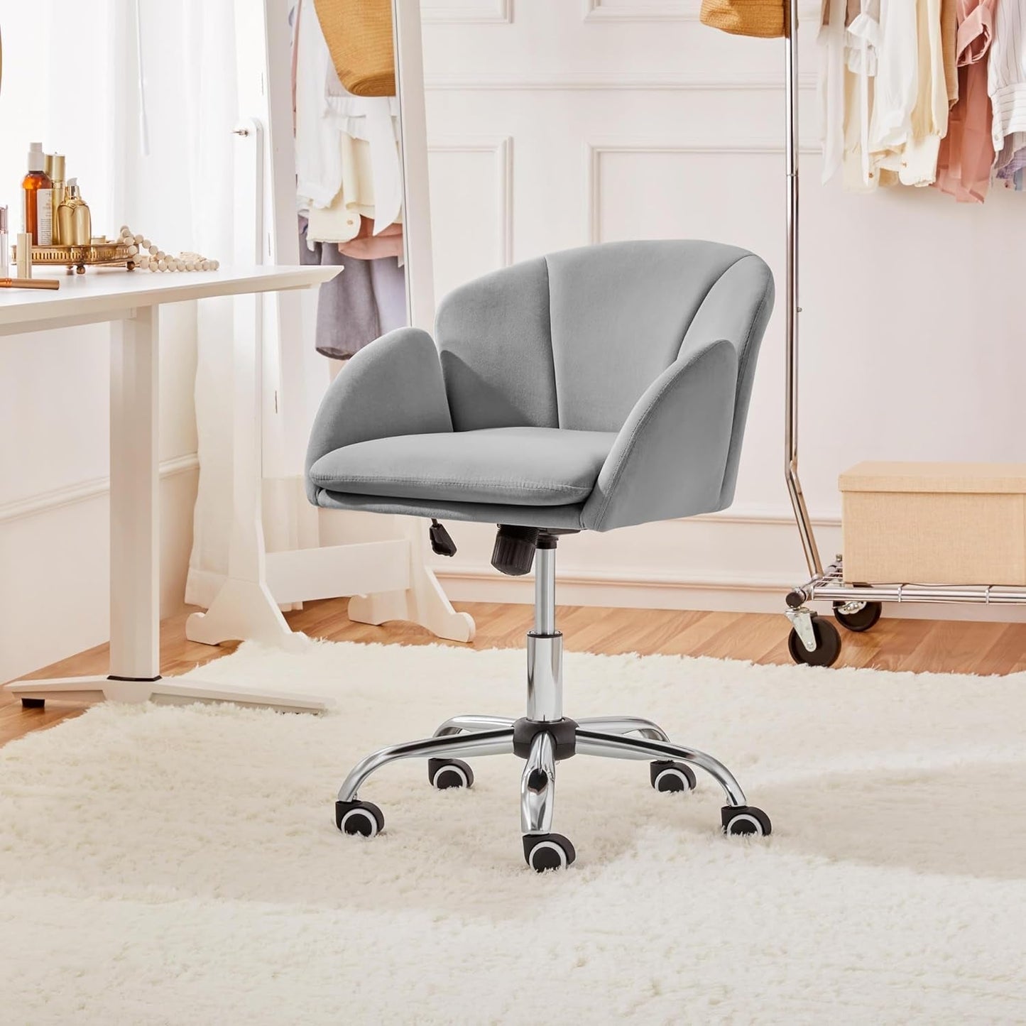 Cute Velvet Desk Chair for Home Office, Makeup Vanity Chair with Armrests for Bedroom Modern Swivel Rolling Chair for Women Light Gray-1