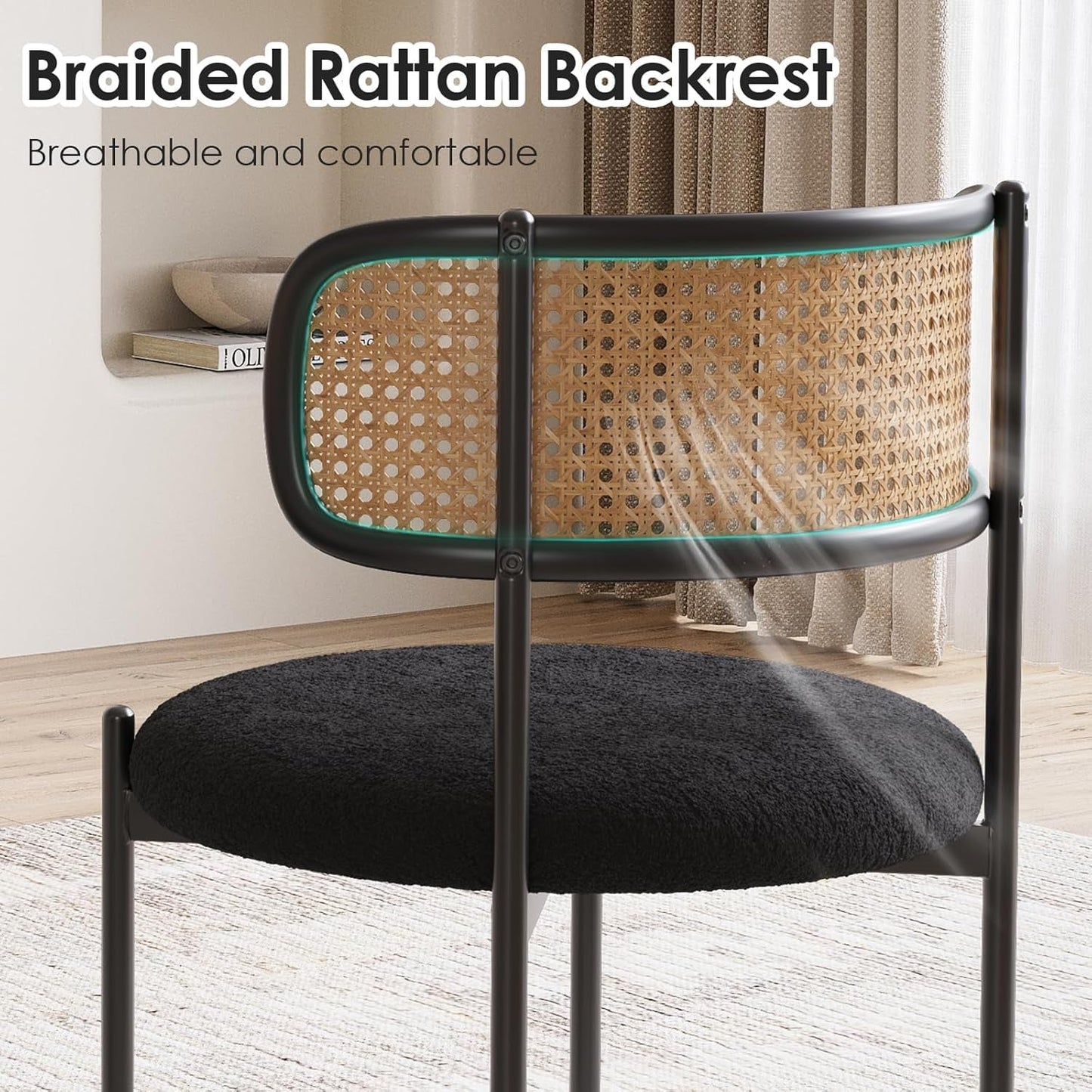 Kitchen Chairs Set of 4, Mid-Century Modern Dining Chairs,Kitchen Dining Room Chairs, Rattan Backrest round Upholstered Sherpa Dining Chairs,Black-3