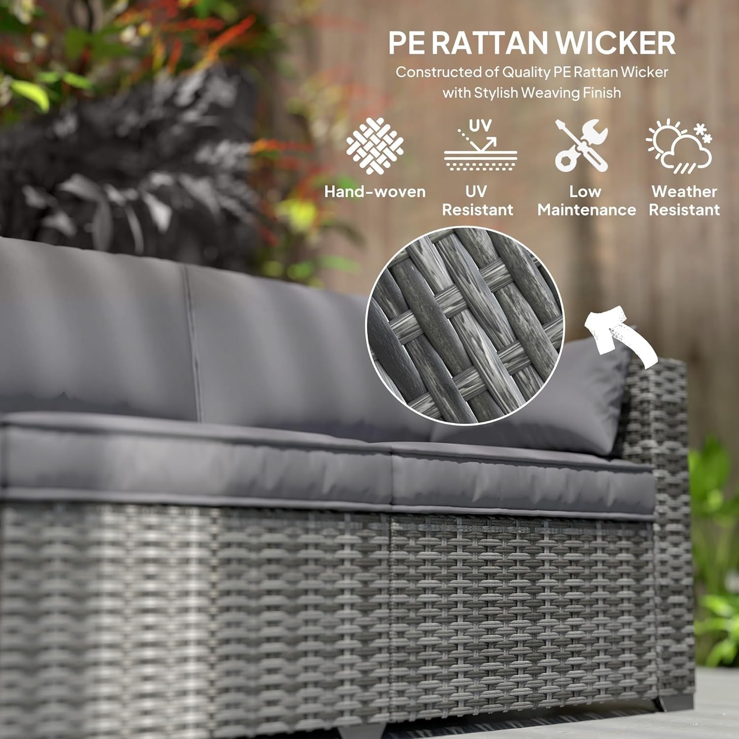 Three Seater Wicker Sofa with Side Tray Tables-4