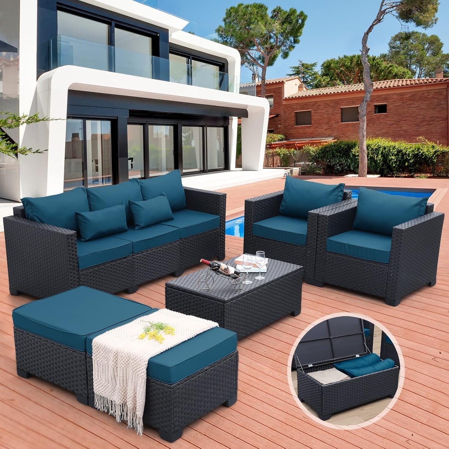 Patio Furniture Set 6 Pieces Couch Outdoor Chairs Coffee Table Peacock Blue Anti-Slip Cushions and Waterproof Covers-2