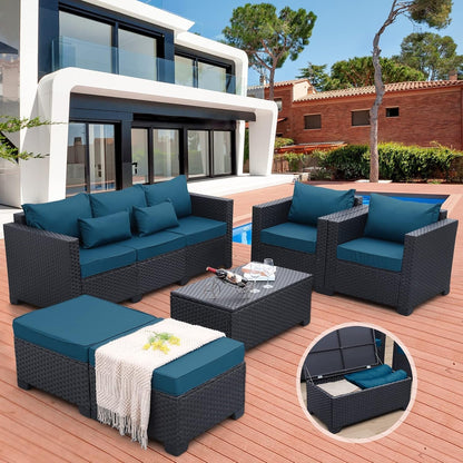 Patio Furniture Set 6 Pieces Couch Outdoor Chairs Coffee Table Peacock Blue Anti-Slip Cushions and Waterproof Covers-2