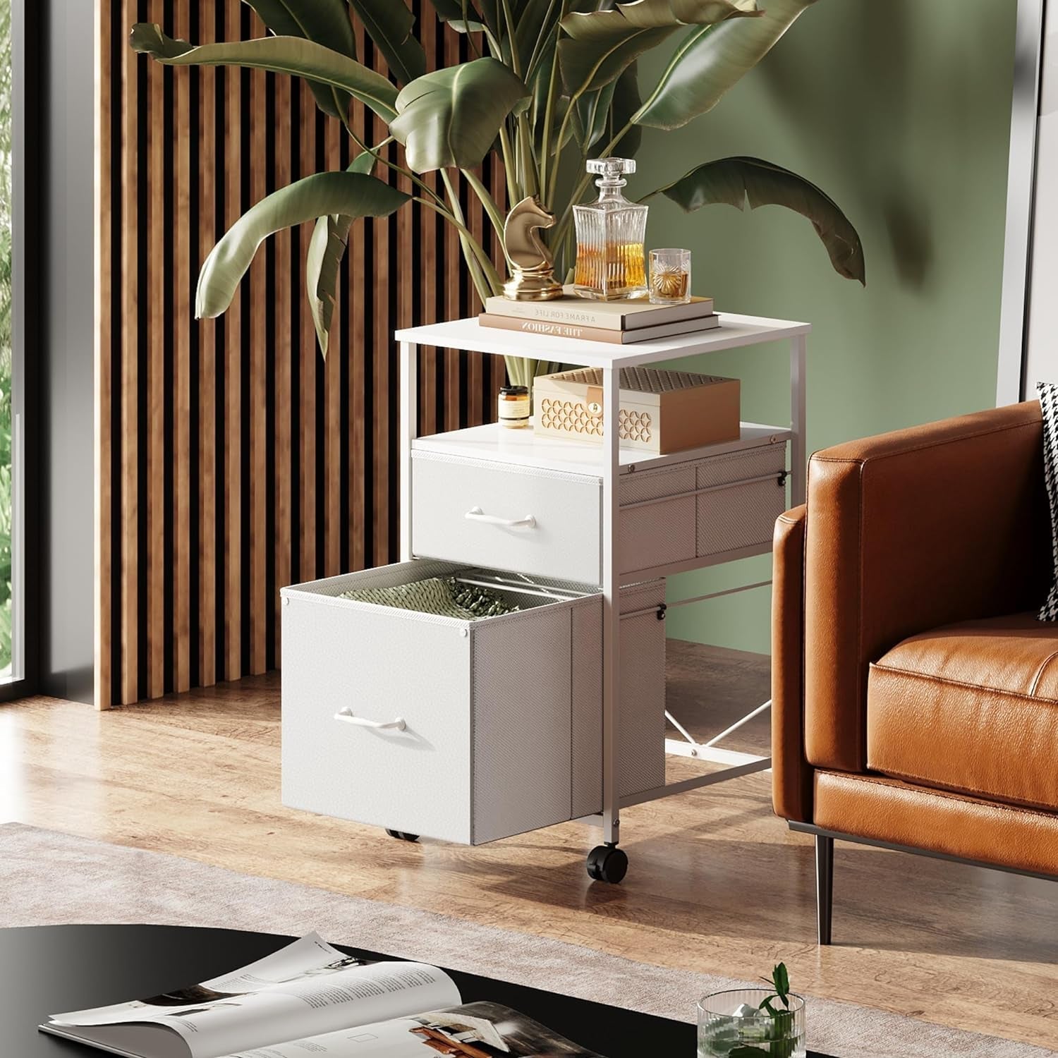 2 Drawer Fabric Vertical Filing Cabinet, Rolling Printer Stand, White-1