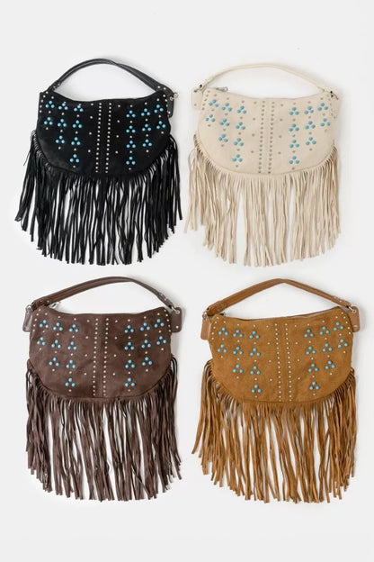 Fame Studded Pattern Multi Fringe Hobo Shoulder Bag