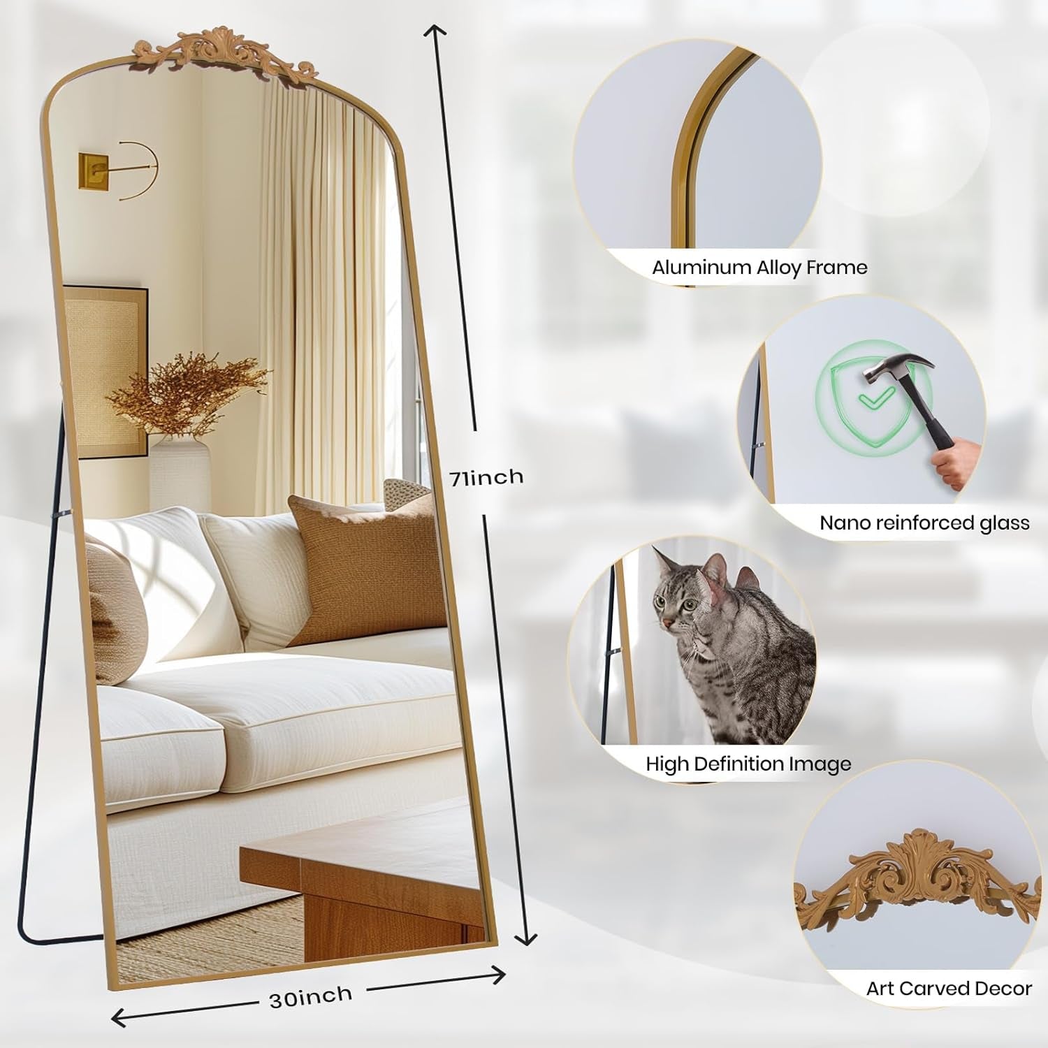 Filigree Floor Mirror, 71"L X 30"W, Gold Aluminum Alloy Framed, Modern Style, Full Length Mirror with Stand or Wall Mount, Explosion Proof, Perfect for Home Decor and Selfies-2