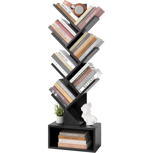 6 Tier Tree Bookshelf, Tall Bookcase with Drawer, Freestanding Book Shelf, Display Floor Standing Storage Shelf, Book Organizer Shelves for Home Office, Living Room, Bedroom, Black-0