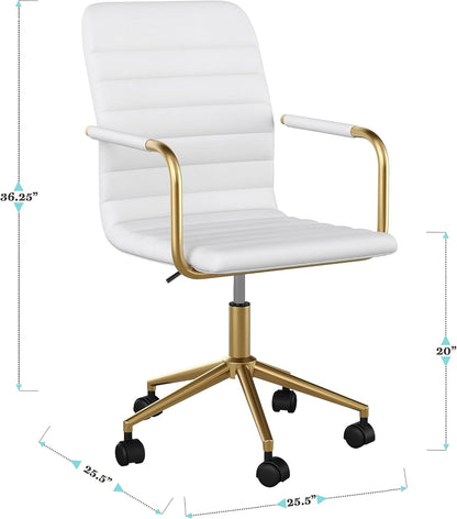 Taytum Swivel Task Chair with Armrests for Home Office in White Faux Leather with Polished Brass Frame-2