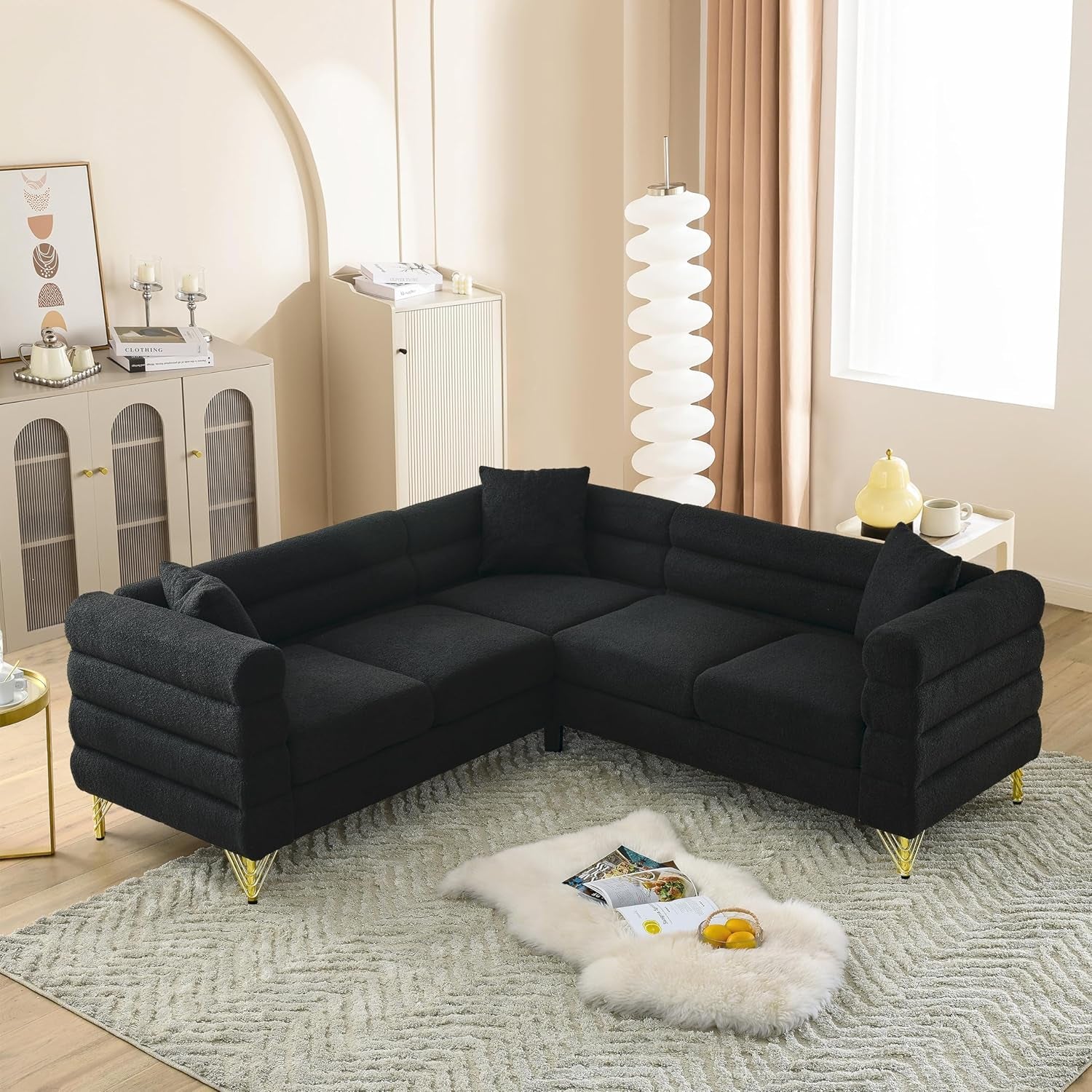 Black Oversized Corner Sofa 5 Seater, Teddy Fabric-2