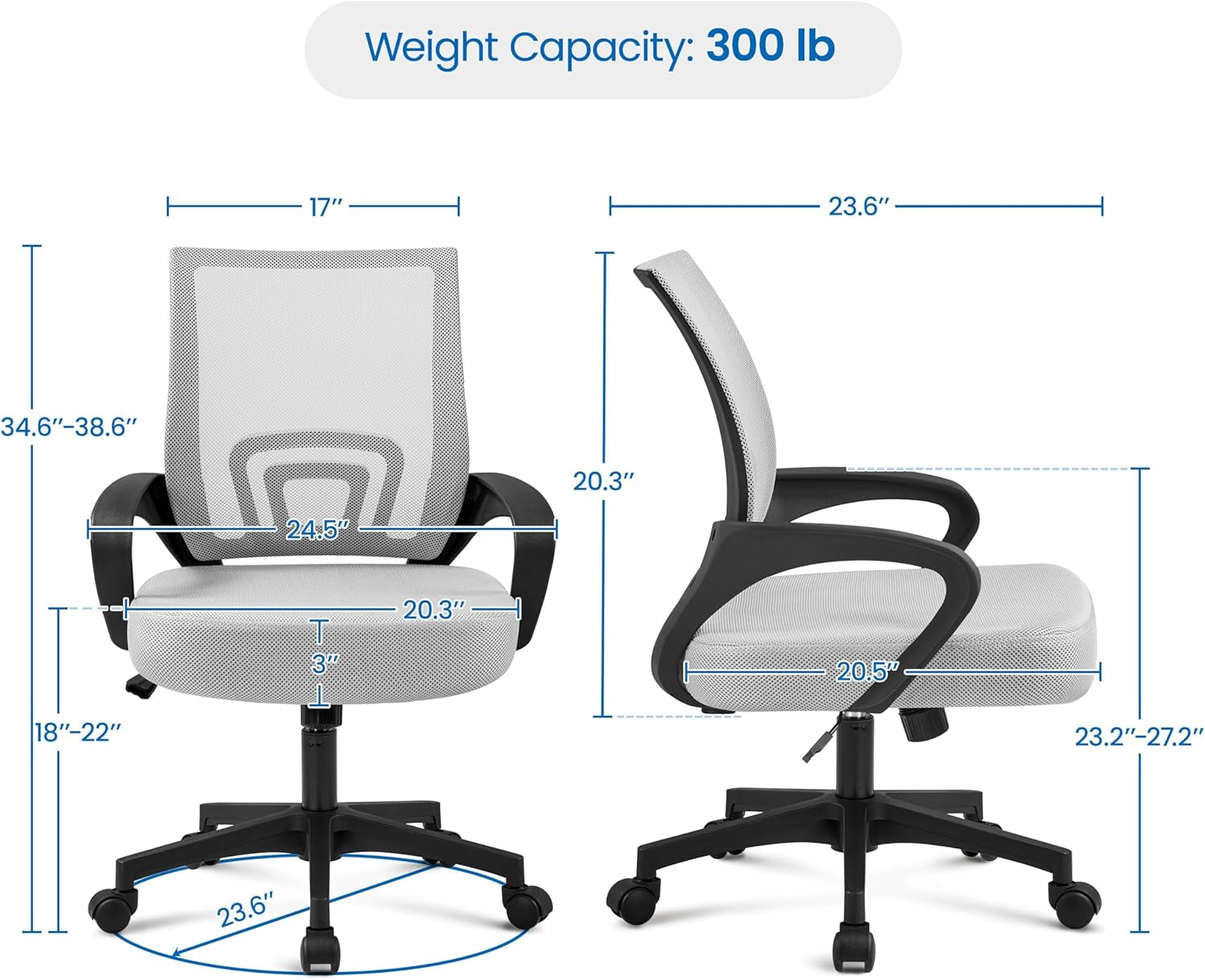 2Pcs Ergonomic Desk Chair Mesh Computer Chair with Lumbar Support Armrest Executive Rolling Swivel Adjustable Mid Back Task Chair for Women Adults, Grey-2