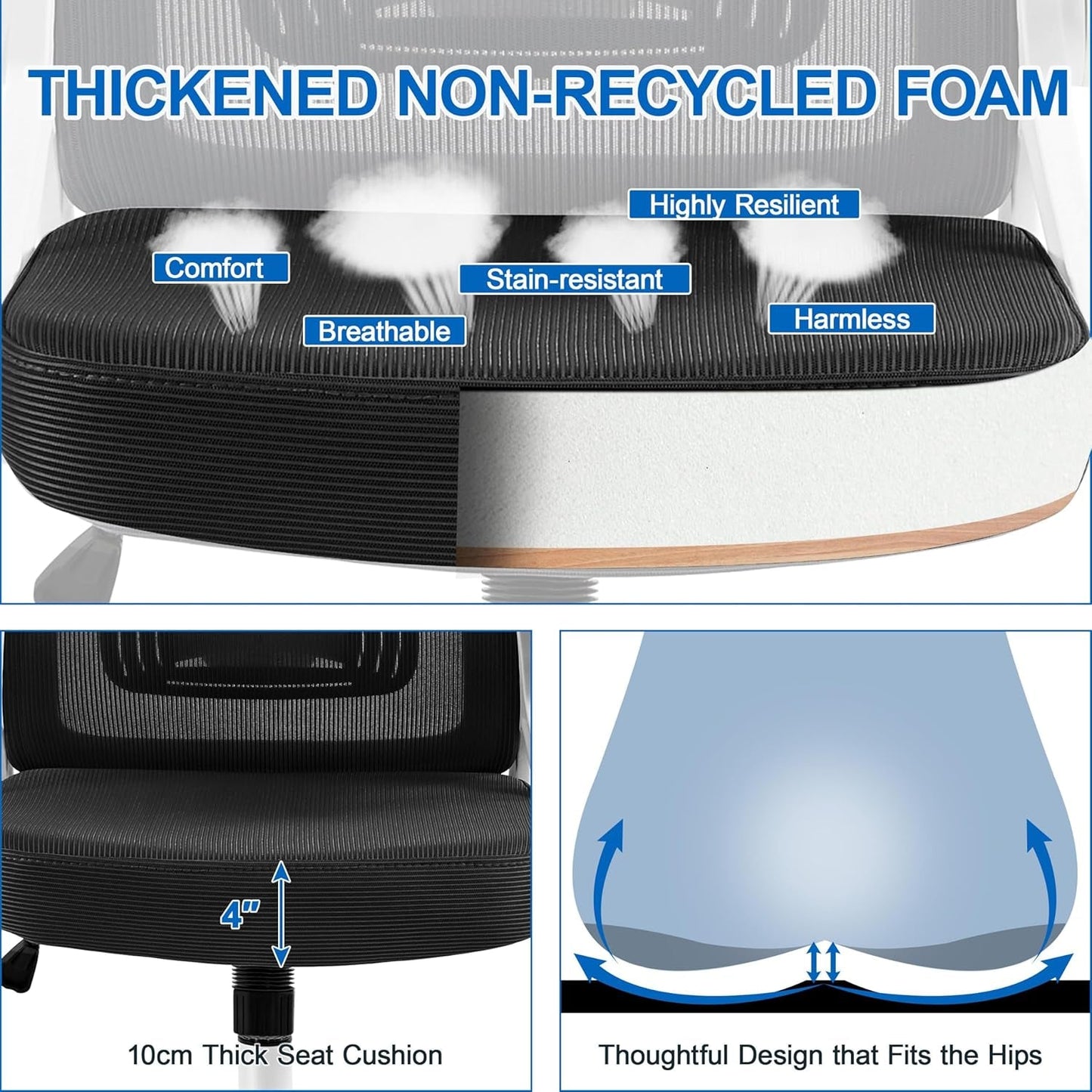 Ergonomic Mesh Office Chair, High Back Desk Chair with with Flip-Up Armrests, Adjustable Padded Headrest Computer Chair with Lumbar Support for Home Oiffce Game Room, White/Black-4