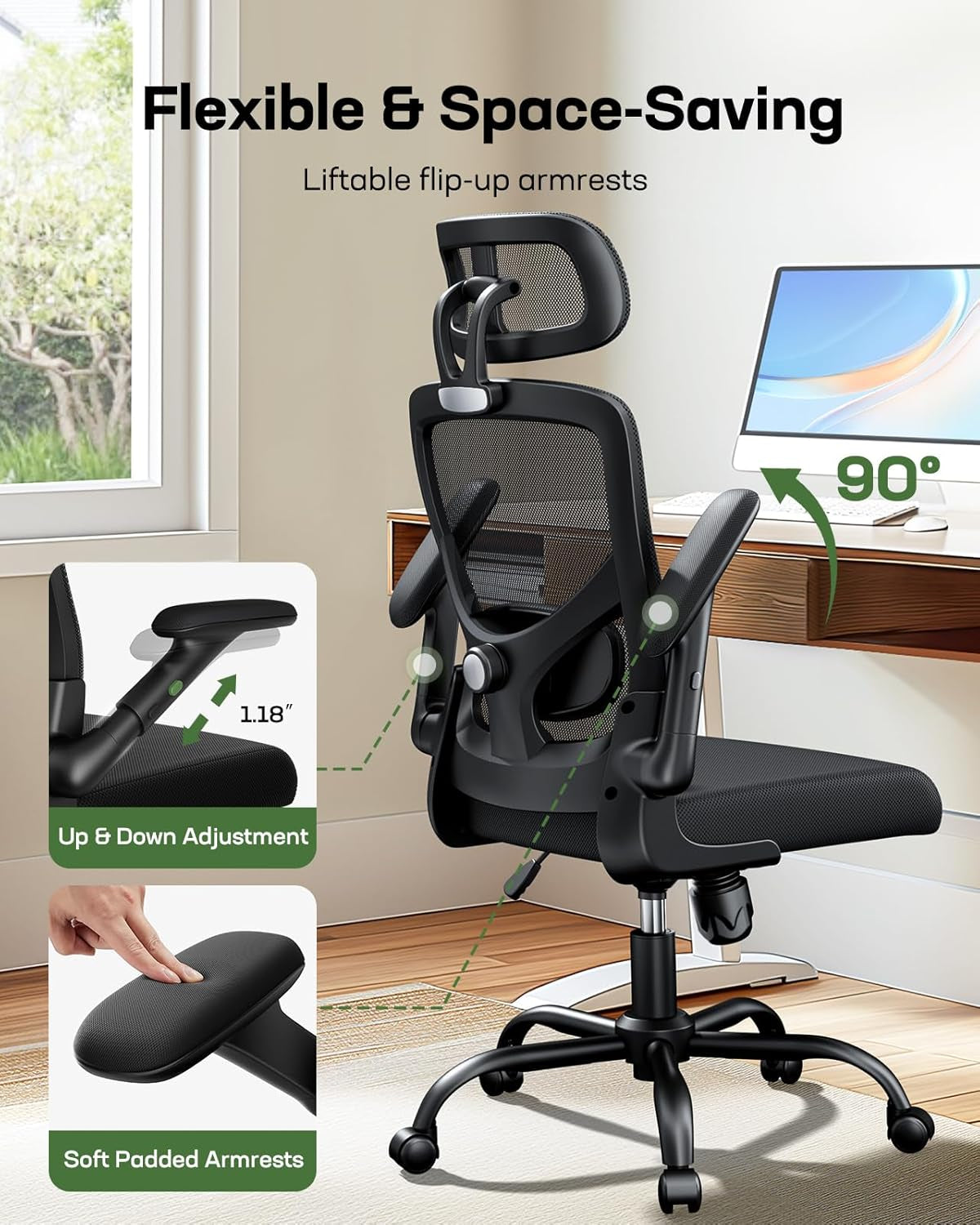 Ergonomic Mesh Office Chair High Back Desk Chair Adjustable Lumbar Support with Headrest Flip-Up Liftable Arms Swivel Computer Task Chair for Big and Tall People-2