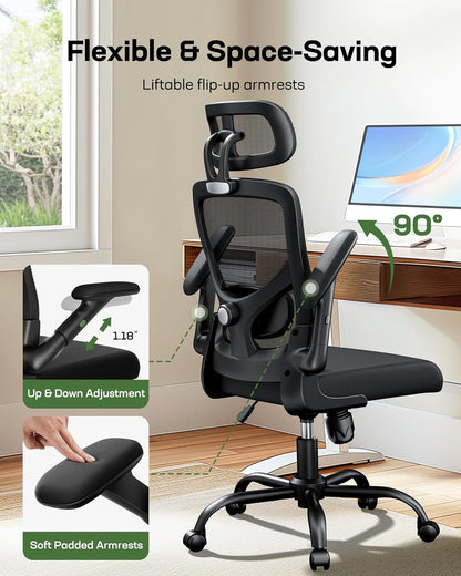 Ergonomic Mesh Office Chair High Back Desk Chair Adjustable Lumbar Support with Headrest Flip-Up Liftable Arms Swivel Computer Task Chair for Big and Tall People-2