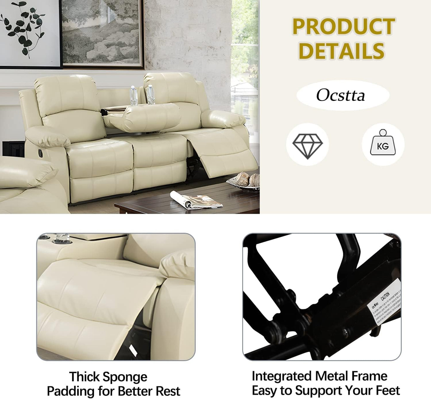 Manual Leather Sofa Recliner Set for Living Room Furniture Set,Leather Recliner Couch Set for Home/Office,Leather Reclining Sofa Set for 3-Pieces(Sofa+Loveseat+Chair) Beige-3